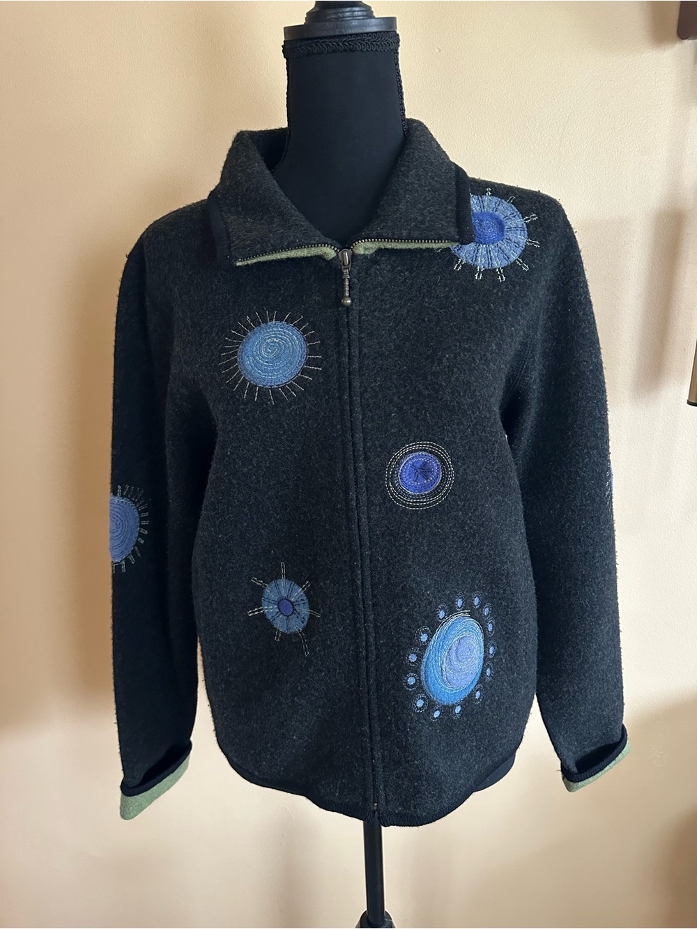 Vintage Icelandic Design Wool Full Zip Sweater Women’s Small Embroidered